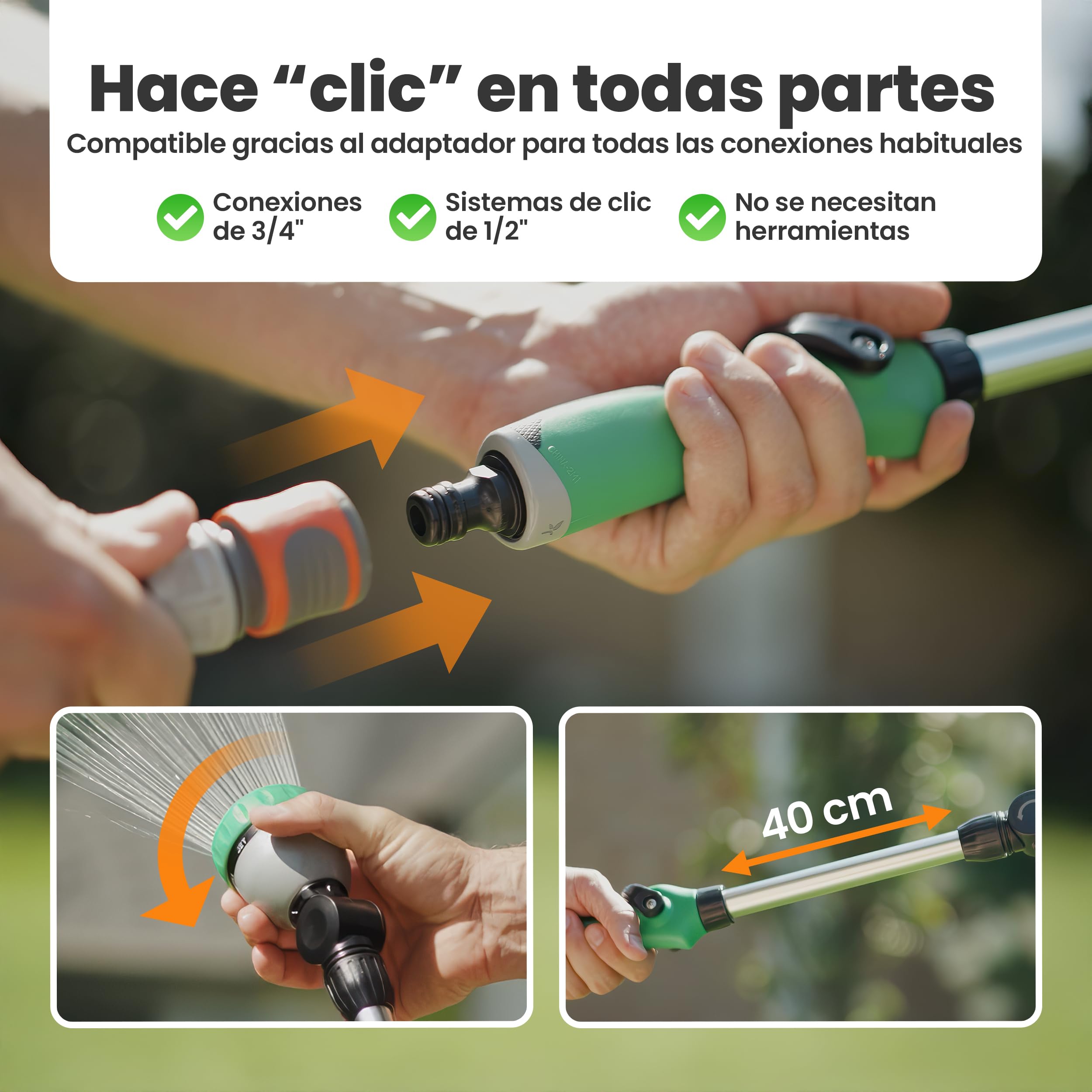 rainfactory pistola manguera jardín 40 cm - lanza de riego con 8 modos de pulverización - boquilla manguera 180° giratoria con control de pulgar, mango ergonómico y antideslizante