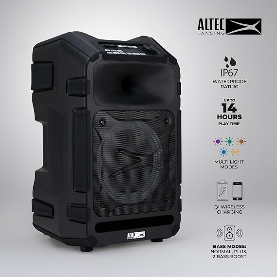 Altec Lansing Waterproof Portable Speaker Sonic Boom 180, 180W Peak Power, Multicolor LED Lights, Built-in Qi Wireless Charging, FM Radio, Aux Input, Robust Connectivity, Durable Trolley Handle