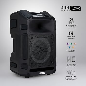Altec Lansing Waterproof Portable Speaker Sonic Boom 180, 180W Peak Power, Multicolor LED Lights, Built-in Qi Wireless Charging, FM Radio, Aux Input, Robust Connectivity, Durable Trolley Handle