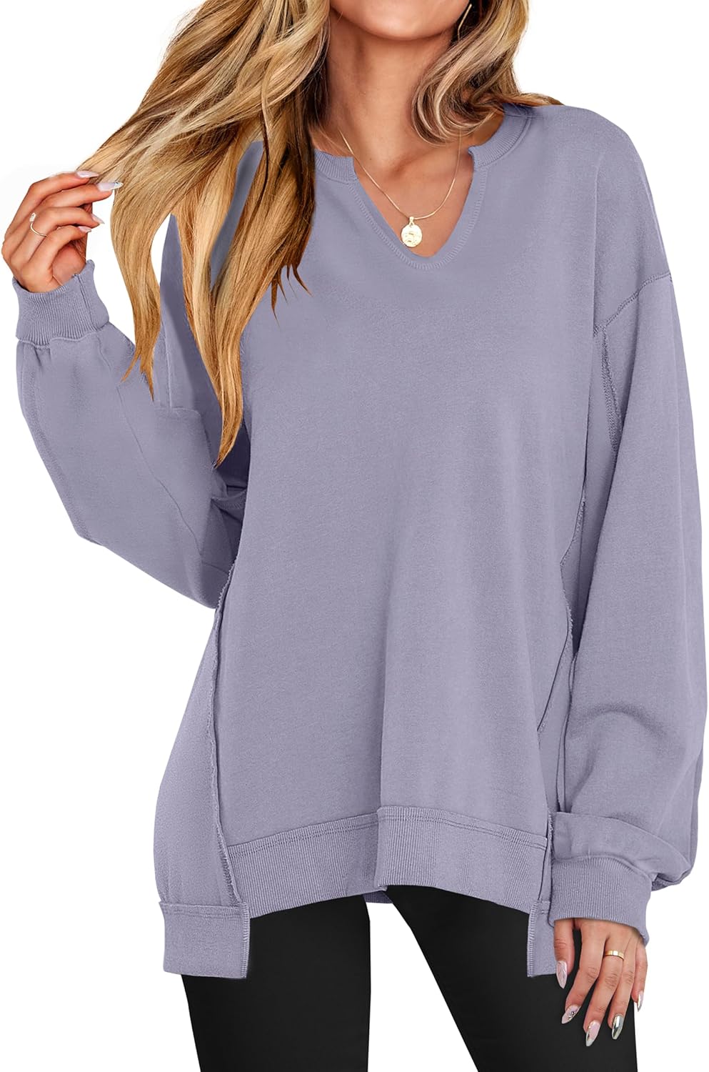 ANRABESS Women's Oversized Sweatshirts Long Sleeve Tunic Shirts V Neck Loose Pullover Tops 2026 Spring Teen Girls Outfit