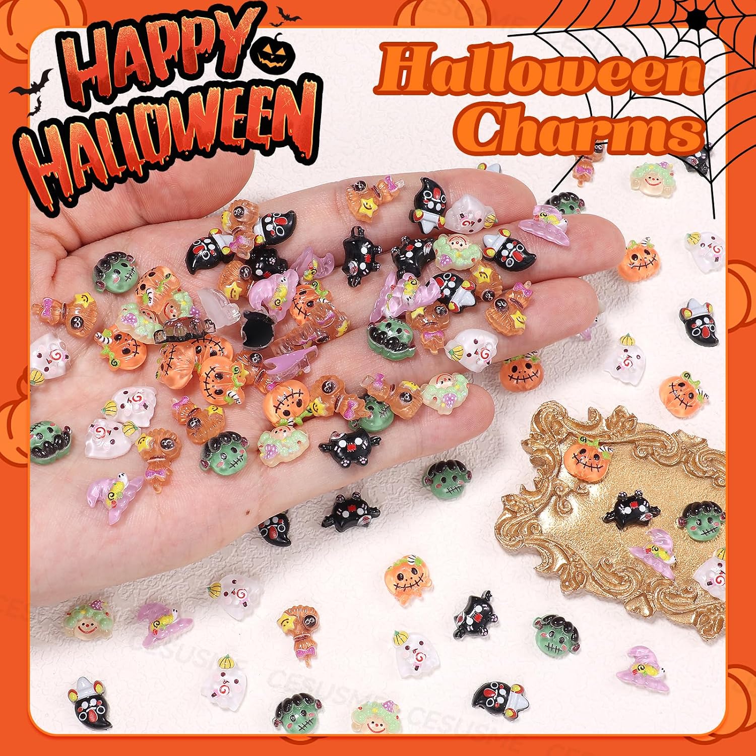 100 Pcs Halloween Nail Art Charms, Assorted Pumpkin Ghost Resin Charms