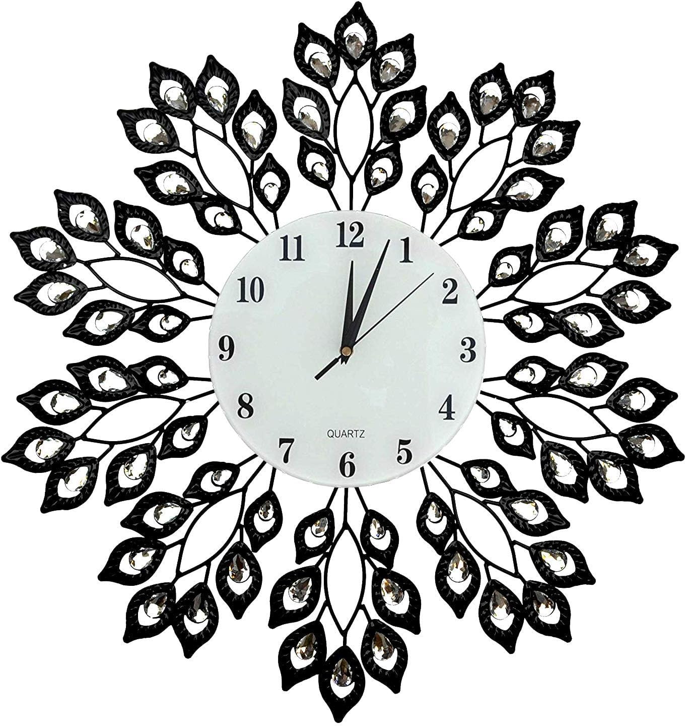 LuLu Décor, 25” Black Leaf Metal Wall Clock, 9” White Glass Dial with Arabic Numerals, Decorative Clock for Living Room, Bedroom, Office Space