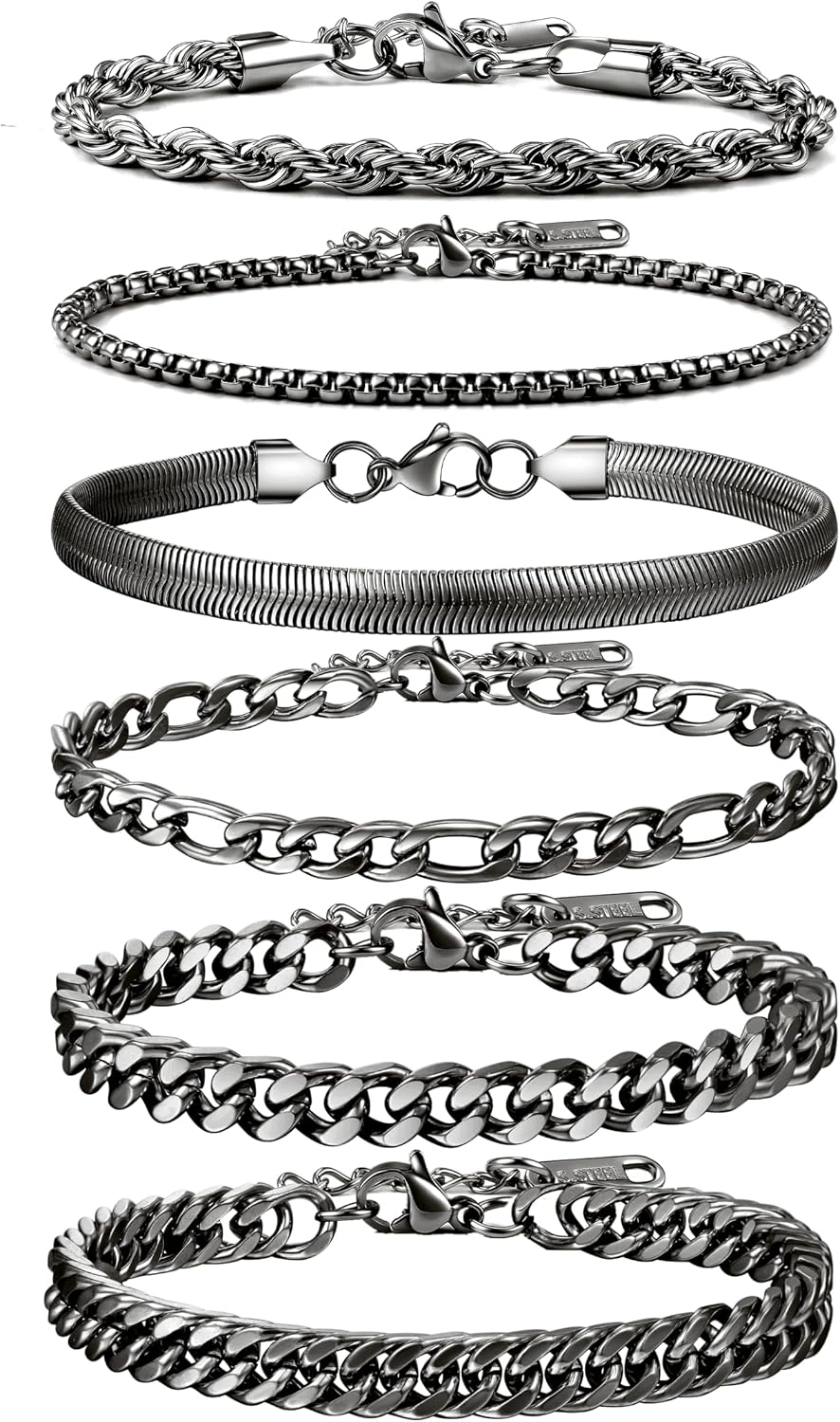 Men's Stainless Steel Silver Bracelets,6Pcs Adjustable Trendy Cuban Link Chain Bracelet Set Men Jewelry Gifts(Silver/Gold/Black,7+1.2 inch)