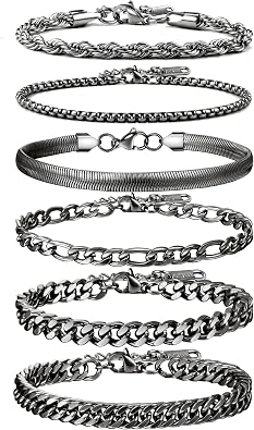 Mens Stainless Steel Silver Bracelets,6Pcs Adjustable Trendy Cuban Link Chain Bracelet Set Men Jewelry GiftsSilver/Gold/Black,7+1.2 inch