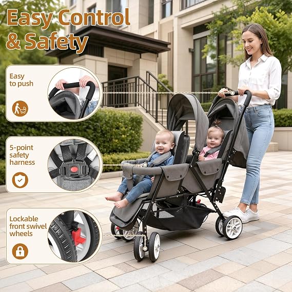 Portable Lightweight Foldable Twin Pushchair Double Stroller Tandem Buggy