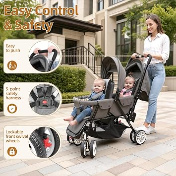 Portable Lightweight Foldable Twin Pushchair Double Stroller Tandem Buggy