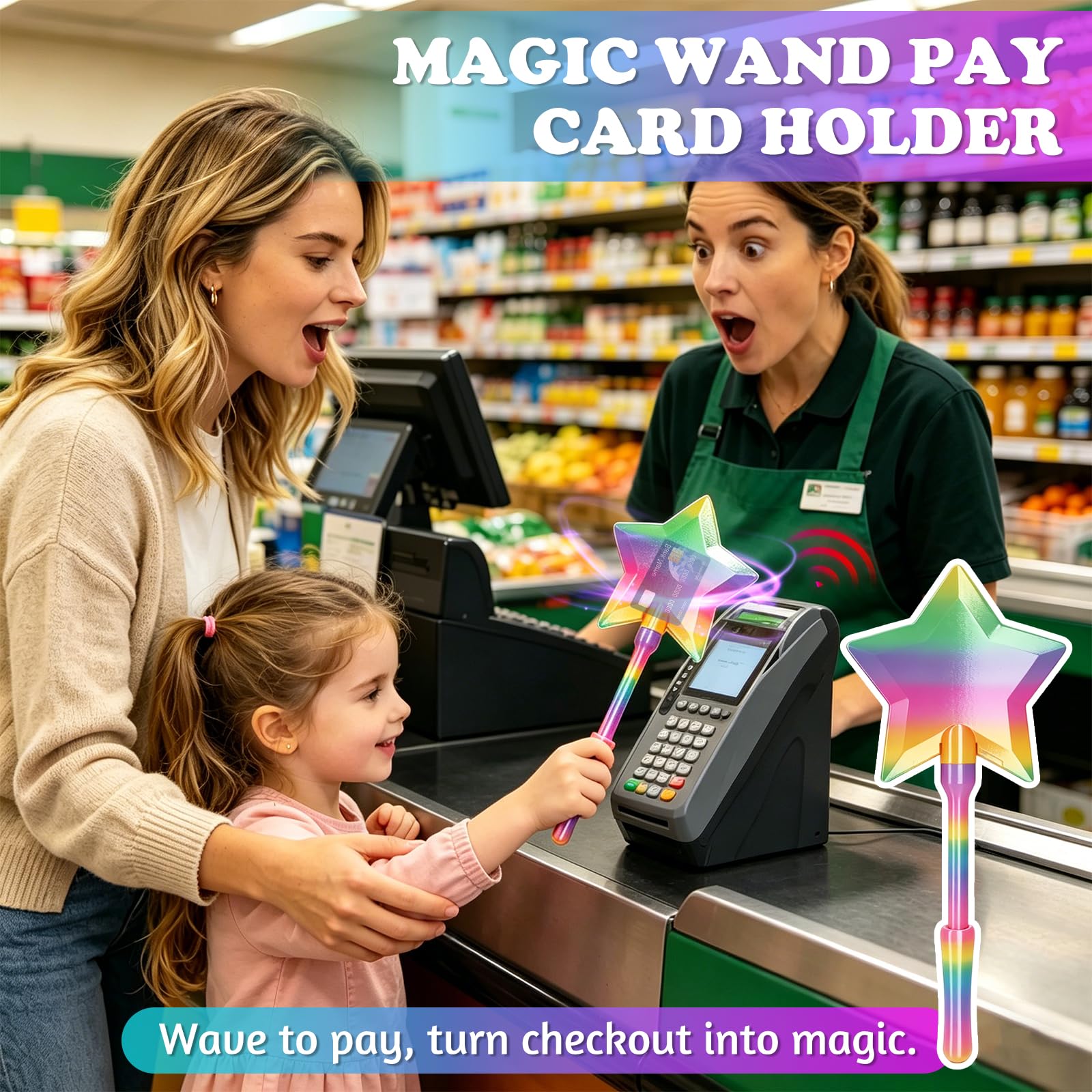 TOGETDREAM Magiczna różdżka z nadrukiem 3D, gwiazda różdżka magiczna różdżka karty kredytowej, różdżka z uchwytem na kartę kredytową, dotknij, aby zapłacić za dzieci, nastolatki i dorosłych (tęcza)