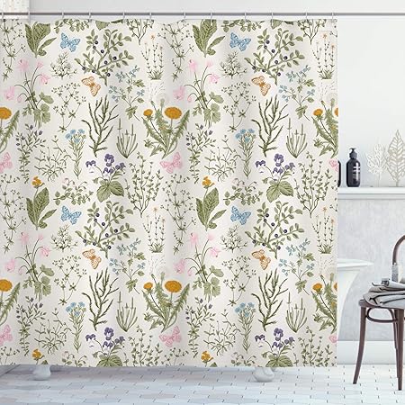Cromcu Duschvorhang Mit Bienen-Motiv - Aquarell-Blumen-Design, Wasserdicht 183x183 Cm - Mit 12 Haken