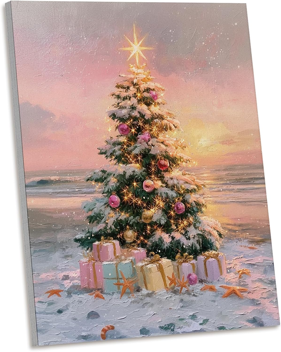 AEHIE Coastal Beach Christmas Tree Wall Art Decor, Coastal Beach Christmas Framed Canvas Wall Art, Ocean Beachy Seashell Xmas Tree Holiday Canvas Decor for Home Bedroom Living Room 11x14