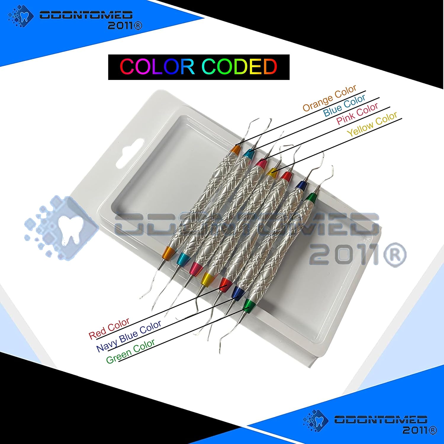 OdontoMed2011 Set of 7 Gracey Periodontal Curettes 1/2-13/14 Double Ended Dual End Hollow Handle Color Coded & Chrome Plated Handle Dental Instruments with Protective Packing DN-2355