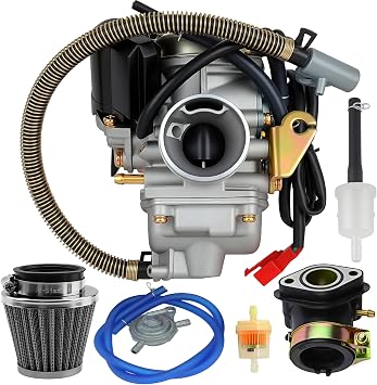 150cc GY6 Carburetor with Air Filter Intake Manifold Replacement for GY6 4 Stroke Engines Electric Choke Motorcycle Scooter 152QMJ 157QMI with Vacuum Fuel Pump, Hose Tube Line