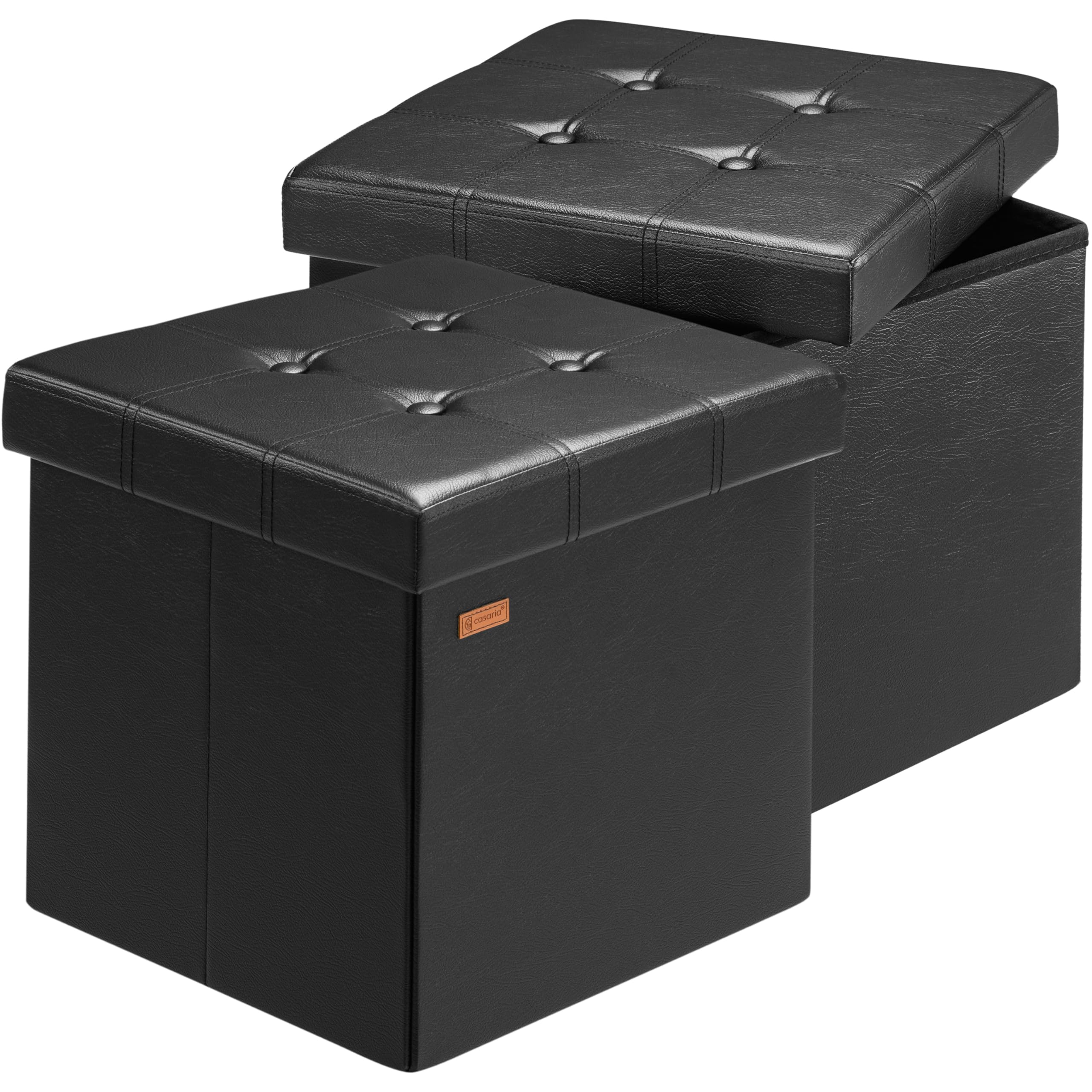 CASARIA® 2x 38cm Square Foldable Stool with Storage Space | Faux Leather with Removable Padded Lid | 38x38cm Ottoman | 40 Litre Capacity Chest | Shoe Accessory Store Box | Set of 2 | Black