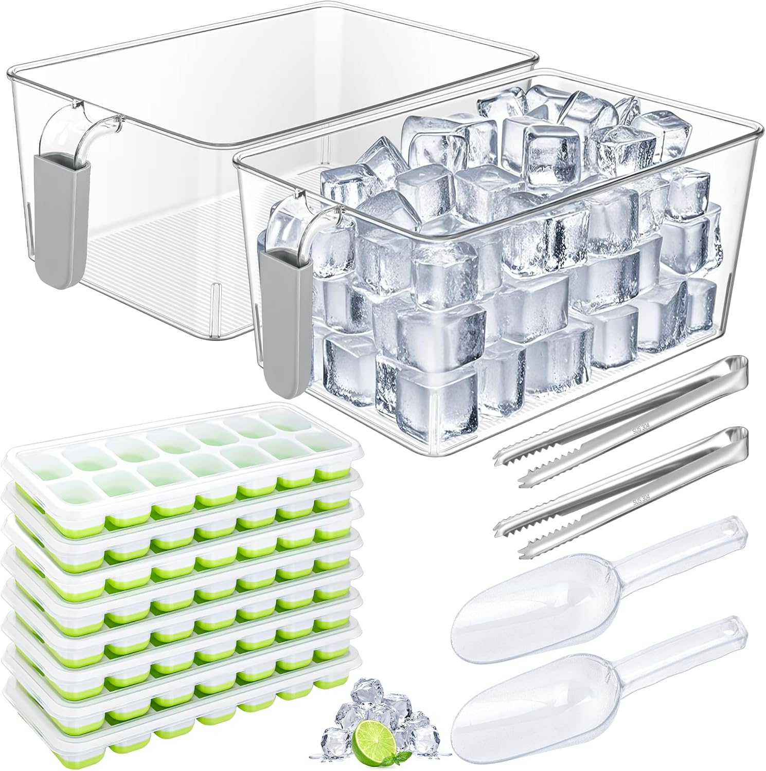 Aneco 2 Set Plastic Freezer Ice Bin with Flexible Scoop Clear Storage Bin with Pull out Handle Tongs Ice Cube Tray Ice Container for freezer Kitchen, 12 x 7 x 4.4 Inch