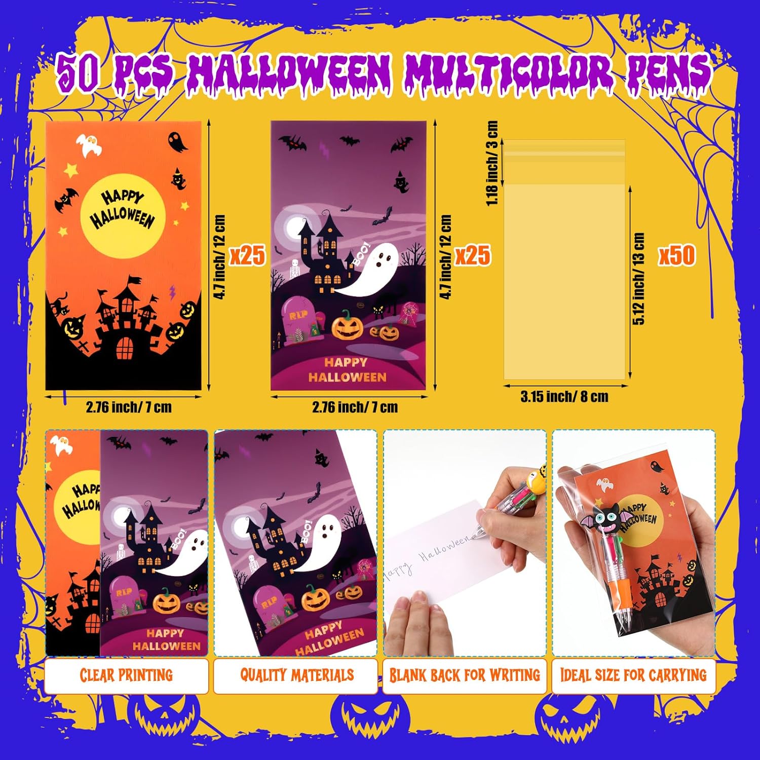 Gilprop Multicolor Halloween Retractable Ballpoint Pens 0.7 mm 4-in-1 Halloween Pumpkins Writing Pen with Gift Card Bags for Trick or Treat Party Favors Office Gifts(50)