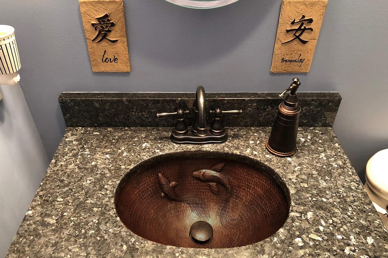 19" Oval Hammered Copper Undermount Sink with Koi Fish Design