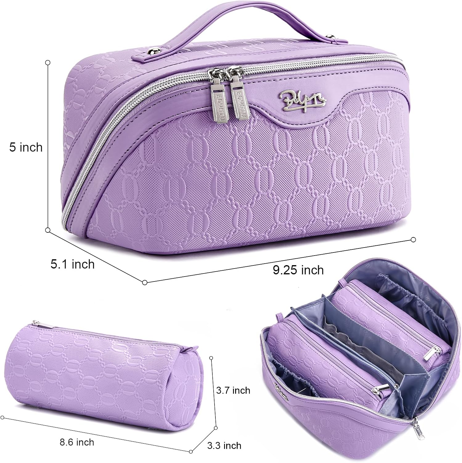 BOYATU Travel Makeup Bag for Women: Cosmetic Organizer Bag with Compartments - Leather Make up Bags Set of 3 (G-1-Purple) - Image 8