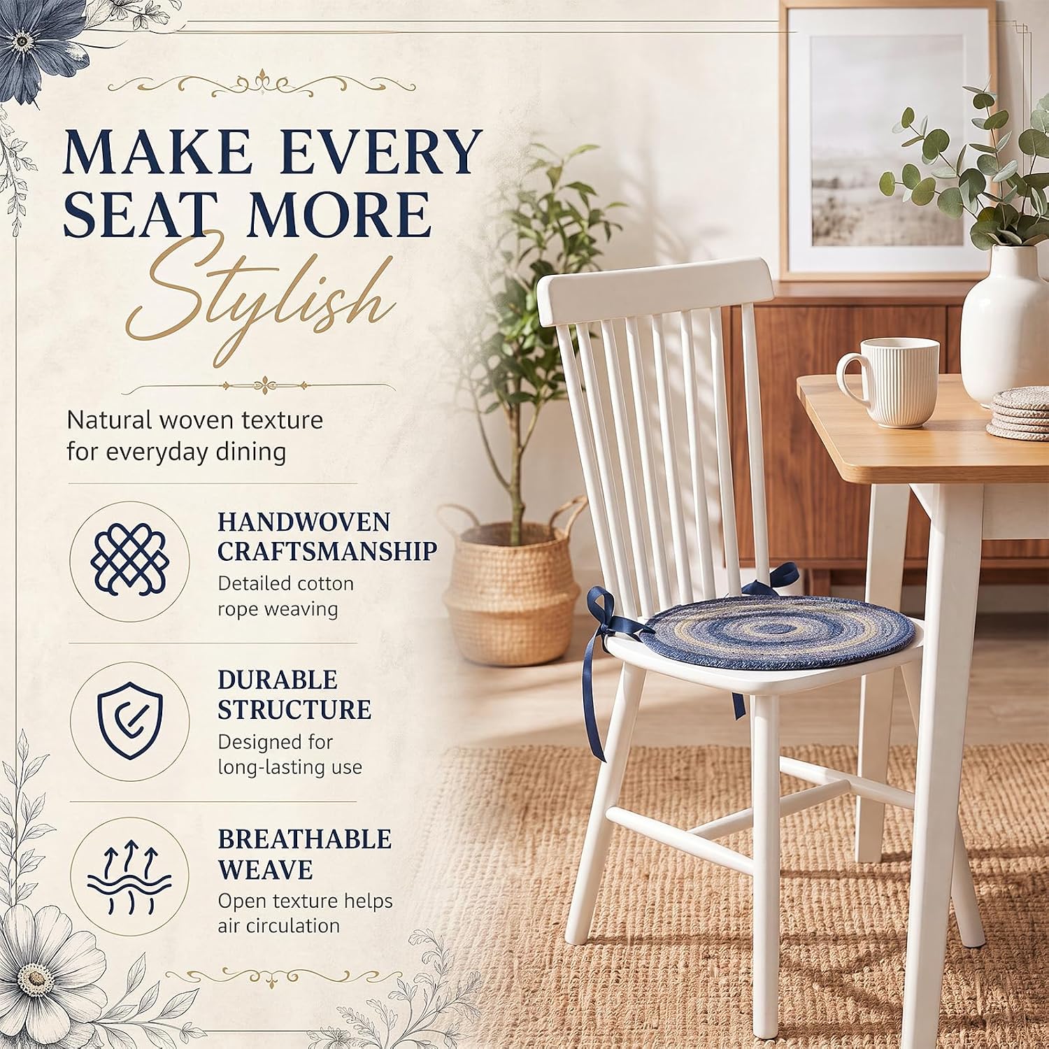 SiliFine 6 Pcs Round Chair Cushions 15 x 15 Jute, Blue White, No Slip Ties