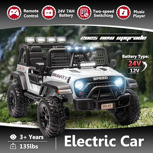 Miniatura 3 de Sopbost Camión de juguete de 24 V, 7 Ah, 2 plazas, para niños grandes, con control remoto, automóvil eléctrico todoterreno con amortiguador, luces