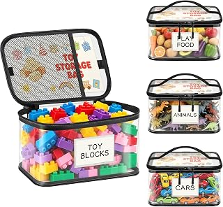 3 Pack Large Clear Toy Storage Bags with Handles & Zippers, Black Transparent PVC Waterproof Toy Organizer Cases with Name Tag for Building Blocks, Puzzles, Board Games & Home Organization