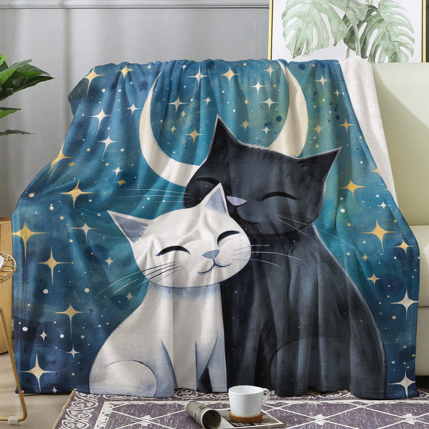 Plaid polaire chat et lune de 150x200 cm pour lit et canapé