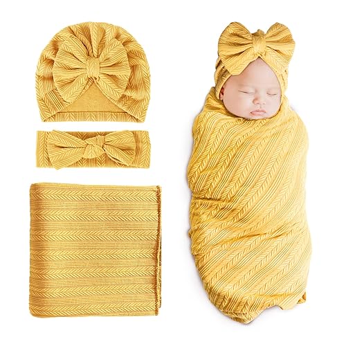 DRESHOW BQUBO - Manta de recepción para recién nacido, cálida para niñas con sombrero de lazo a juego y diadema de lazo, regalo de ducha
