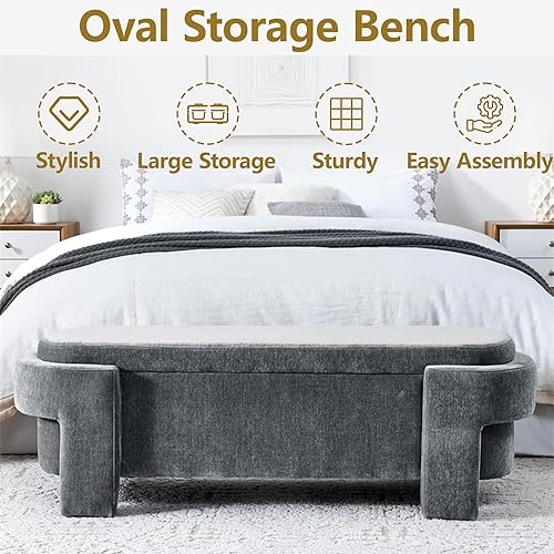 Miniatura 7 de Oval Storage Ottoman Bench, 51.5" Linen Fabric Upholstered Entryway Bench with Safety Hinge and Turned Legs, Flip Top Foot Rest Long Stool for Sofa