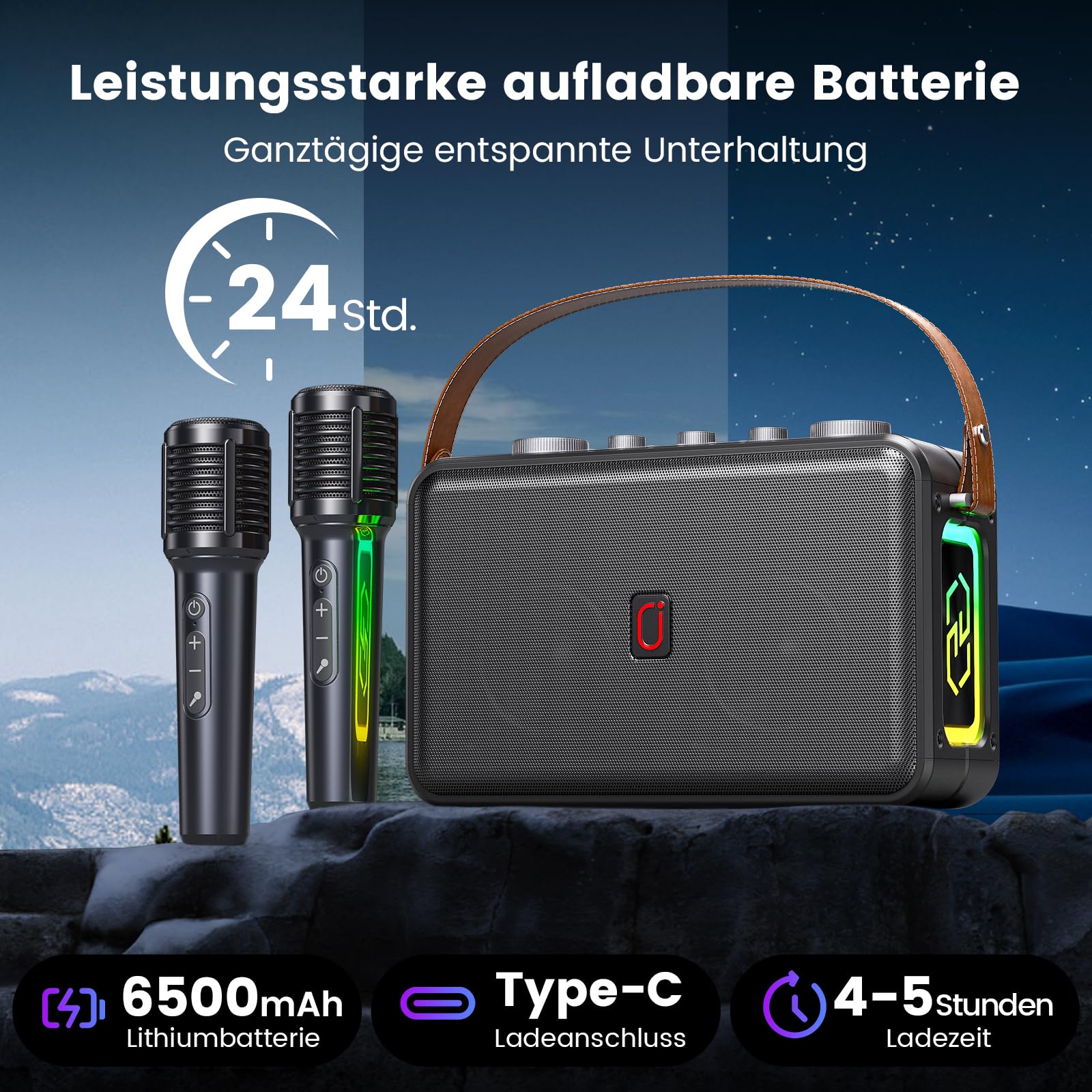 HWWR Karaoke Maschine mit 2 Karaoke Mikrofonen, Tragbare Bluetooth 5.3 Karaoke Maschine für Erwachsene Unterstützt TF-Karte/USB/AUX-Eingang, Aufnahmefunktion, Geeignet für Familientreffen