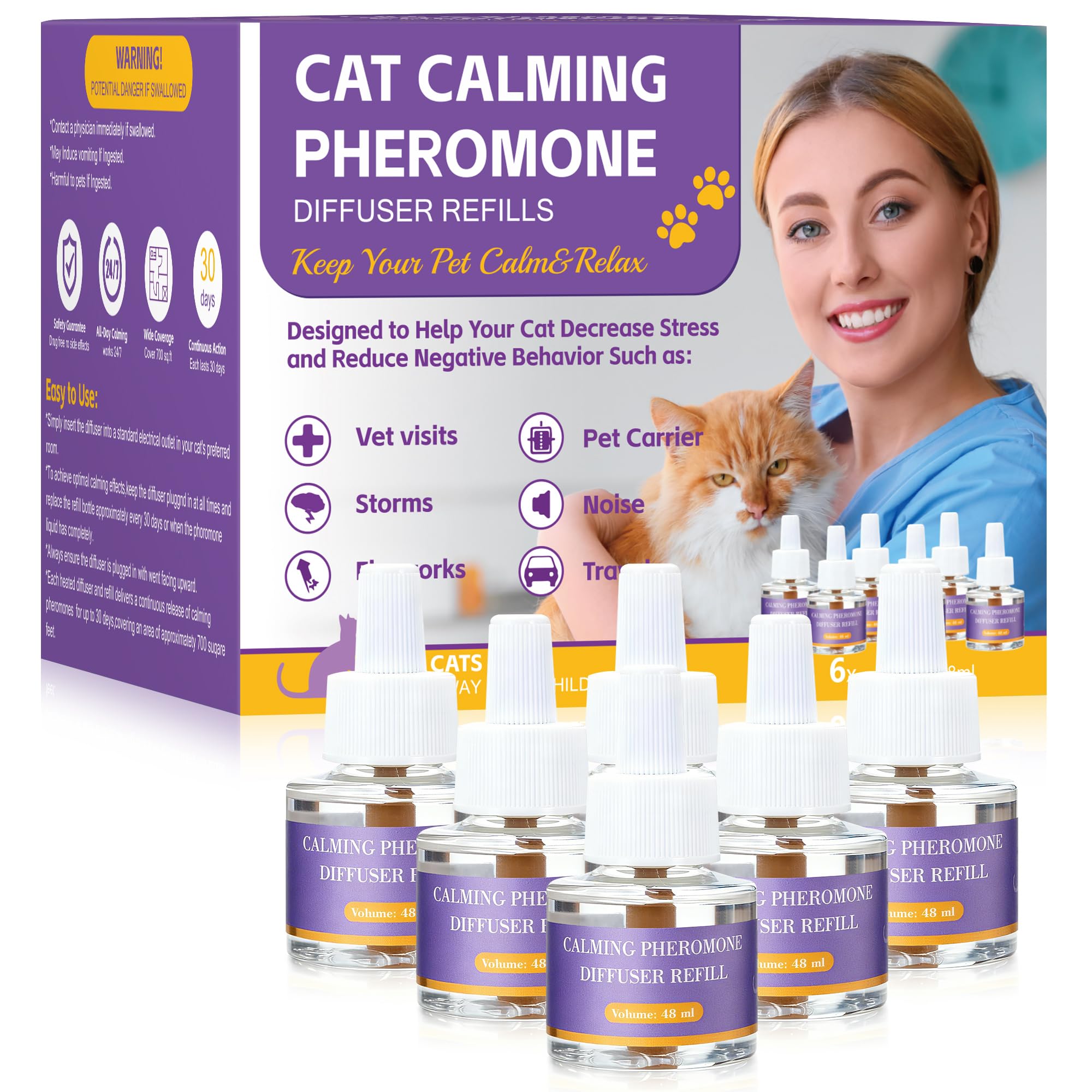 6er-Pack Katze Pheromon Beruhigende Diffusor Nachfüllungen, Pheromon Diffusor für Katzen, Angst lindern, Helfen, Kämpfe zu reduzieren, Sprühen & Kratzern, Drogenfrei & Geruchlos Sicher, 180 Tag