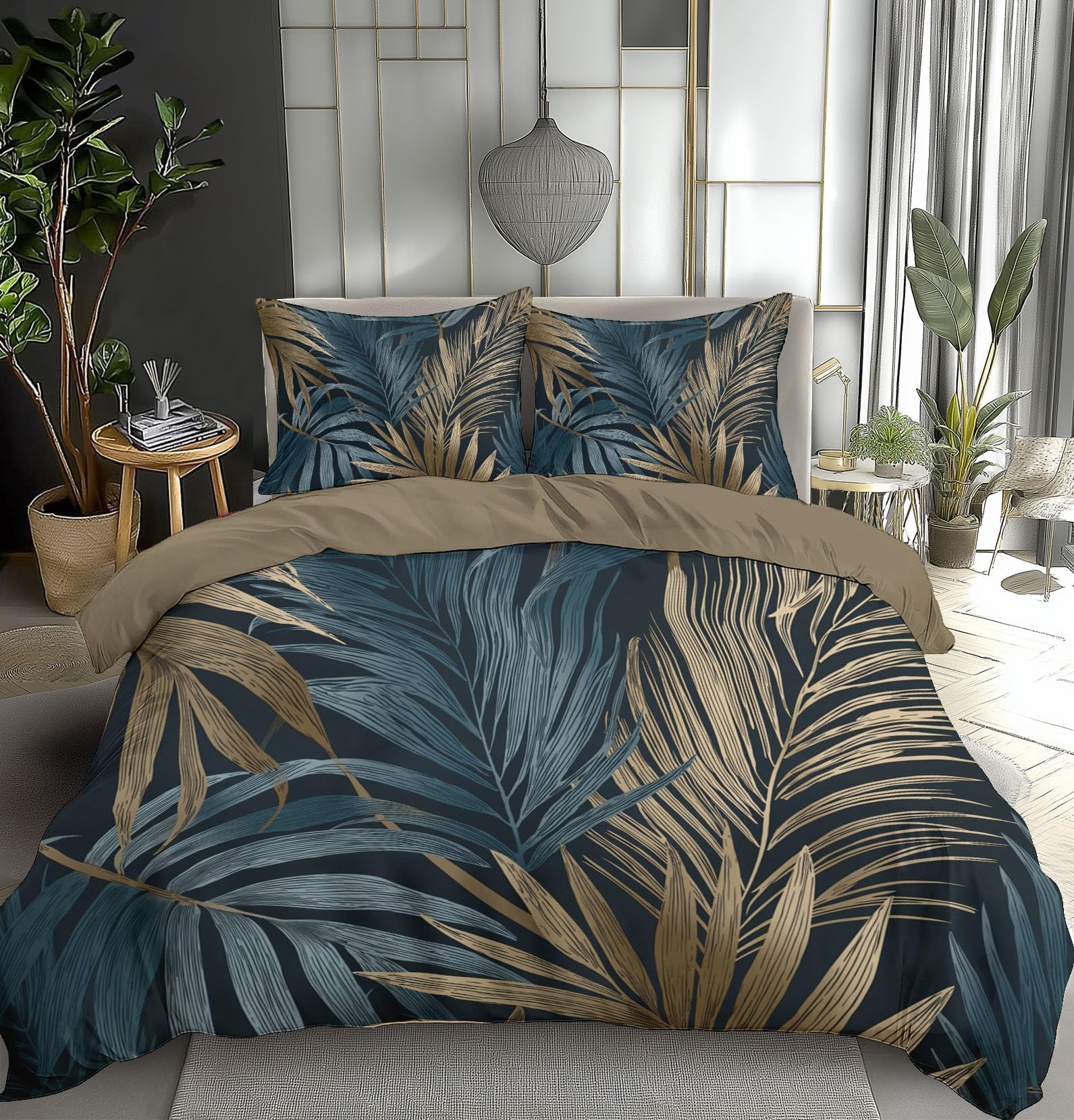 TDNEKMCA King Duvet Cover Sets, Soft Brushed Microfiber Palm Leaves Elegant Tropical Printed Duvet Cover, Lightweight Breathable SuperKing Bedding Set with Pillowcases (Blue Brown,230x220cm)