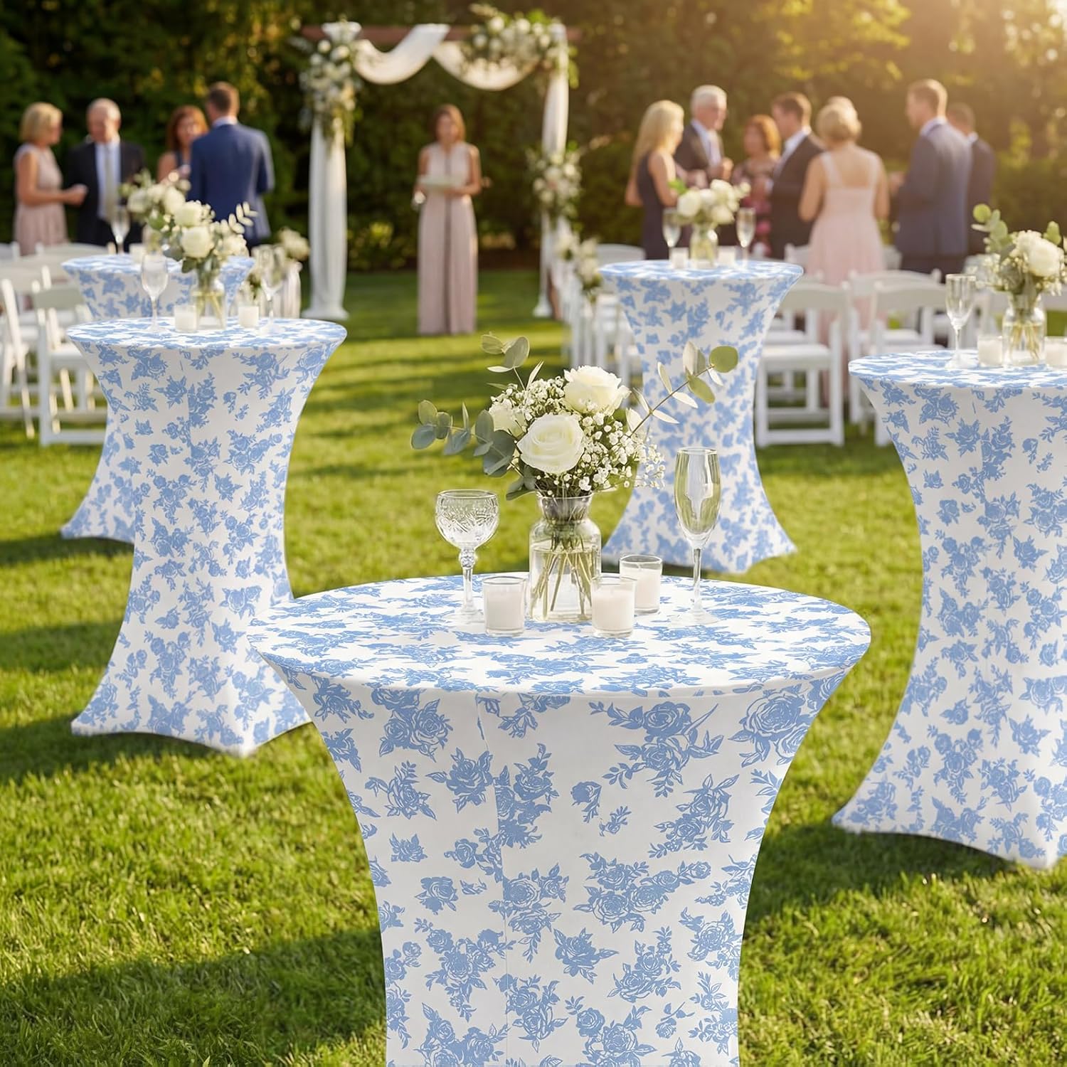 Mindsoft 4 Pcs 32''x43'' Blue Floral Highboy Spandex Cocktail Table Cover Fitted Stretch Cocktail Tablecloth Blue&White Porcelain Spandex High Top Table Cover for Wedding Birthday Graduation Party