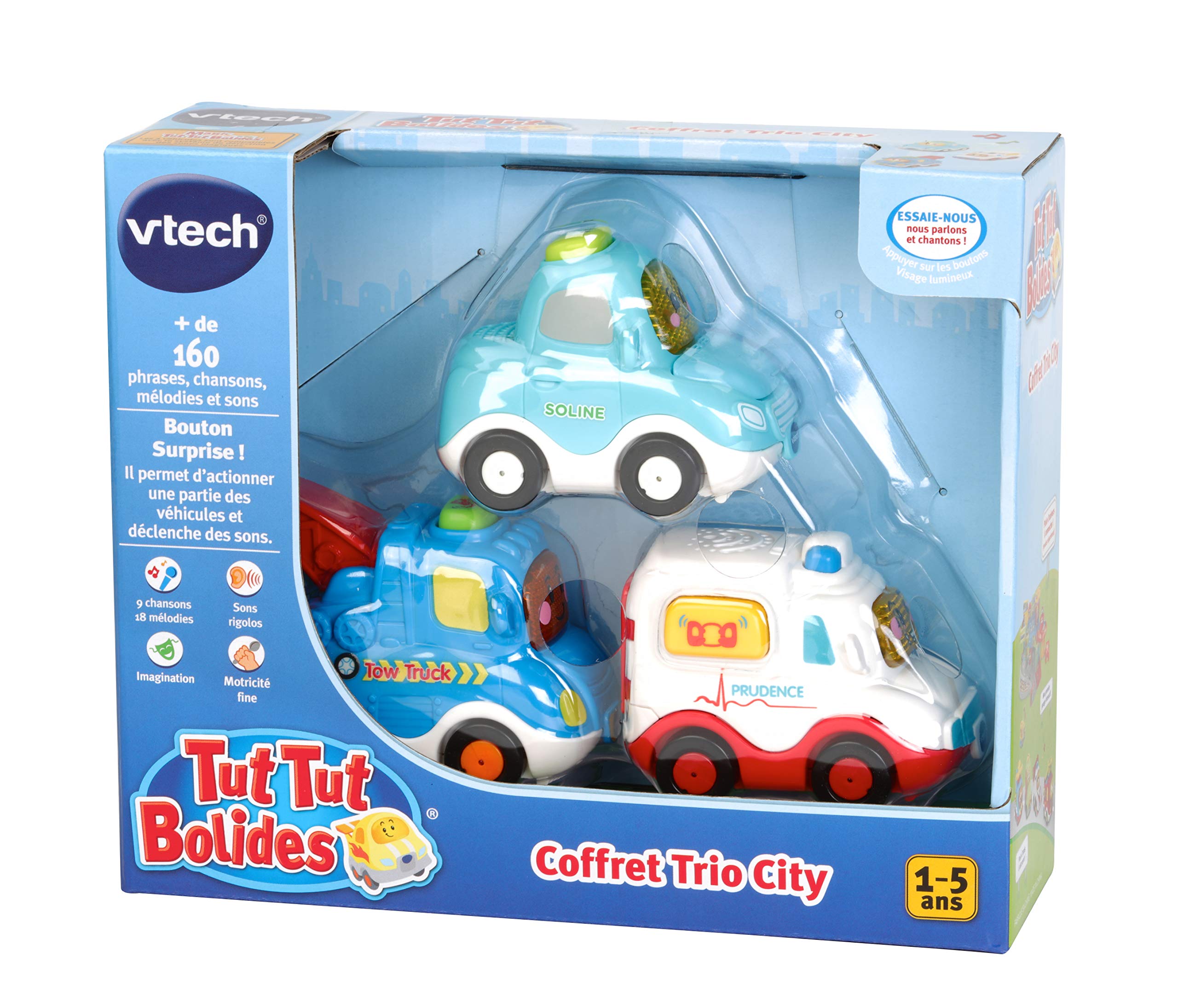 VTech - Tut Tut Bolides, Coffret Trio City, 3 Voitures Interactives, Berline, Dépanneuse et Ambulance, Jouet Musical et Sonore, Cadeau Enfant de 1 an à 5 Ans - Contenu en Français