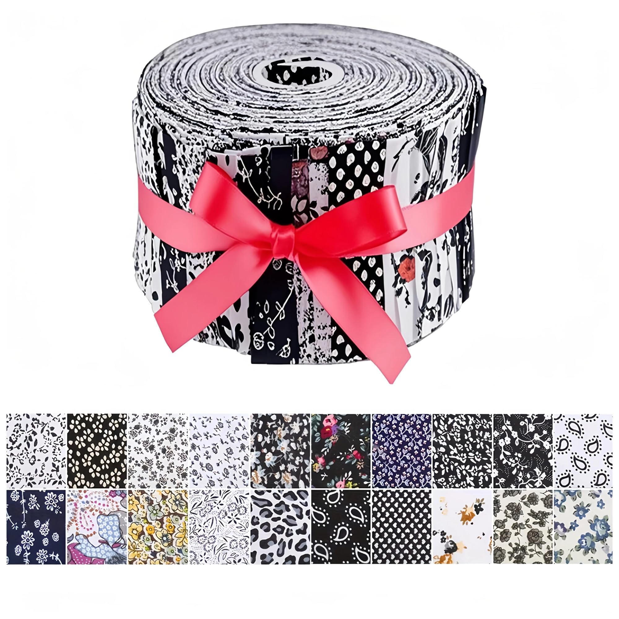 Patchwork Stoffe 40-teiliges schwarzes, gestepptes, bedrucktes Stoffrollenset aus reiner Baumwolle, vorgeschnittene dekorative quadratische Aufnäher