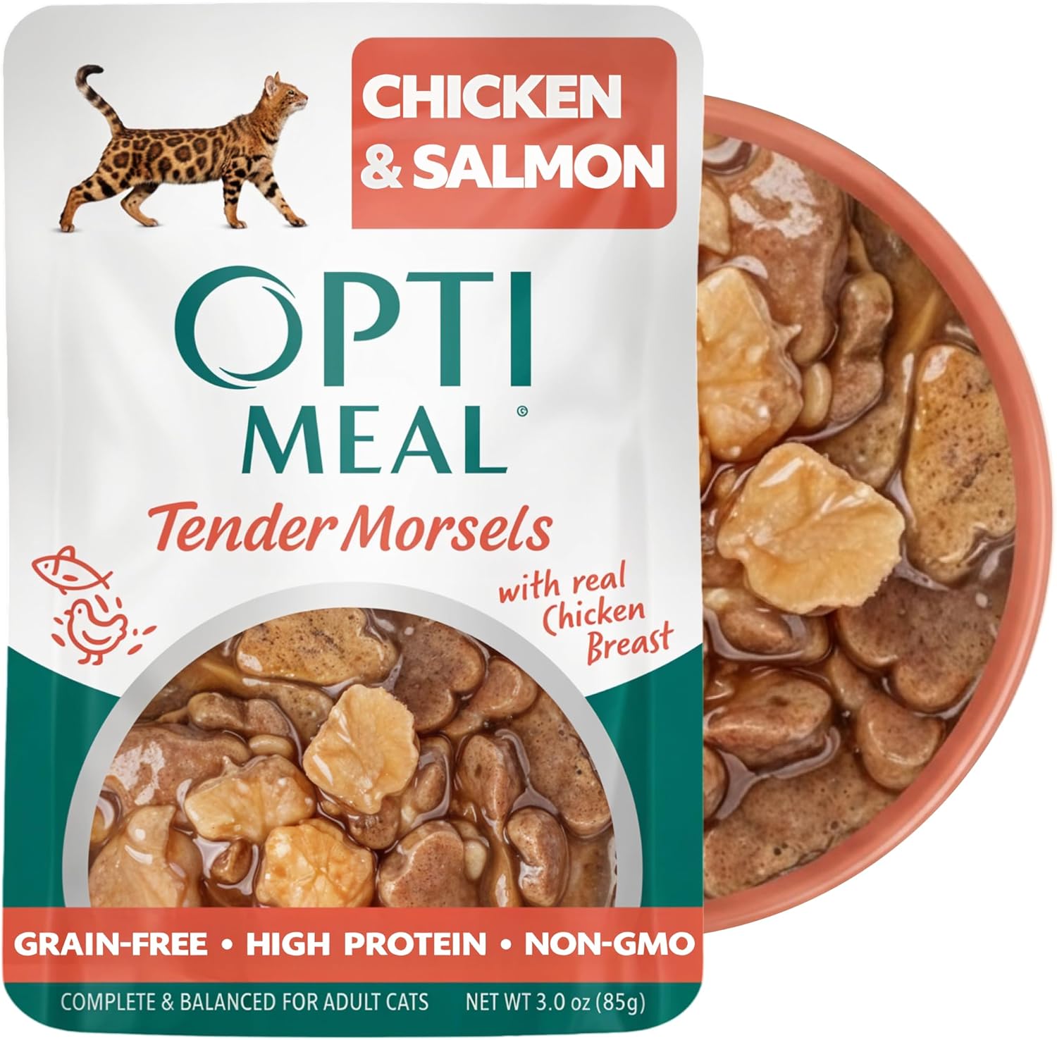 Optimeal Wet Cat Food Grain Free - Chicken & Salmon Tender Morsels, High Protein Premium Nutrition Made with Natural European Ingredients, Adult Cat Pouches 3oz (Pack of 12)