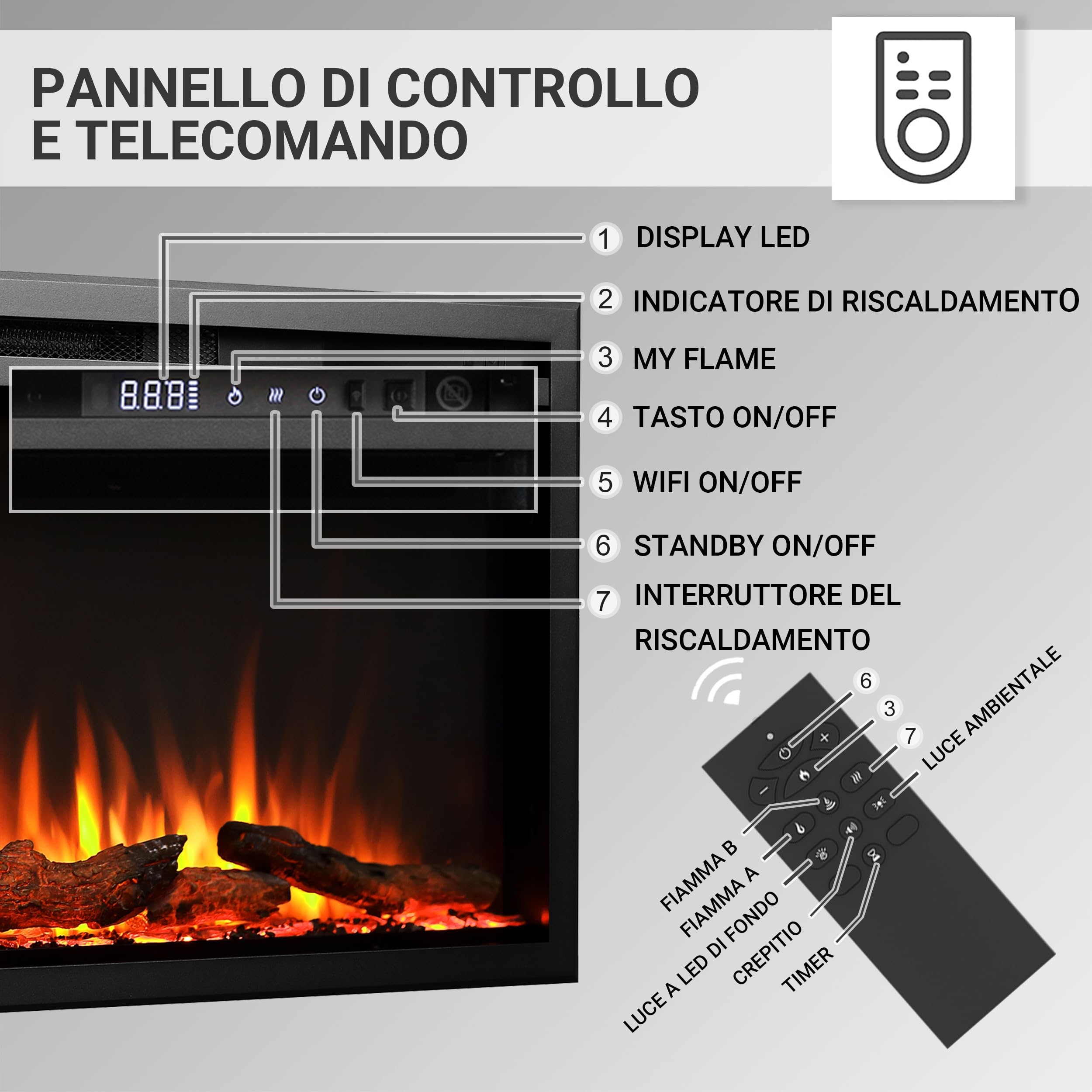 Balderia camino elettrico Atalanta | Caminetto a incasso effetto fiamma 3D | Riscaldamento elettrico 1500W, LED, comando via app, crepitio | Nero