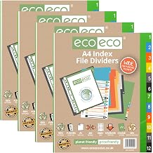 eco-eco A4 50% Recycled Multipunched Reinforced Colour Recycled Set 12 Wide Index File Dividers 200gsm Pack of 4, eco029x4