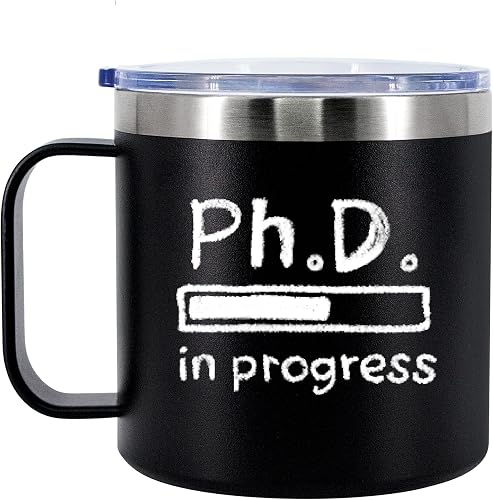 Panvola PhD in Progress Future Dr Doctor Student Graduation Gifts Insulated Coffee Cup 14oz With Handle And Lid 304 Stainless Steel Camping Travel Mugs- Black