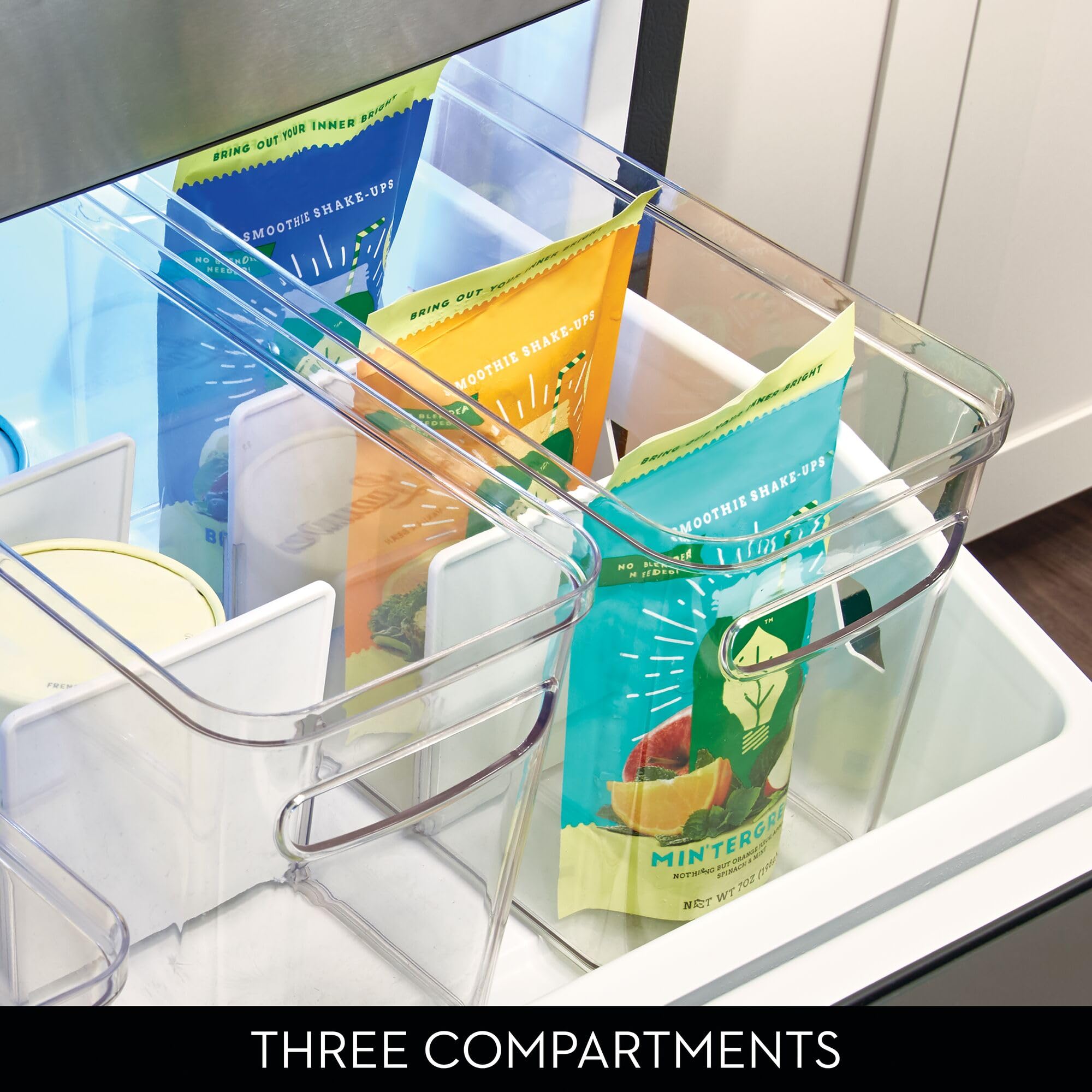 iDesign - Set di 4 contenitori per dispensa con 3 sezioni divise, colore: trasparente/bianco opaco