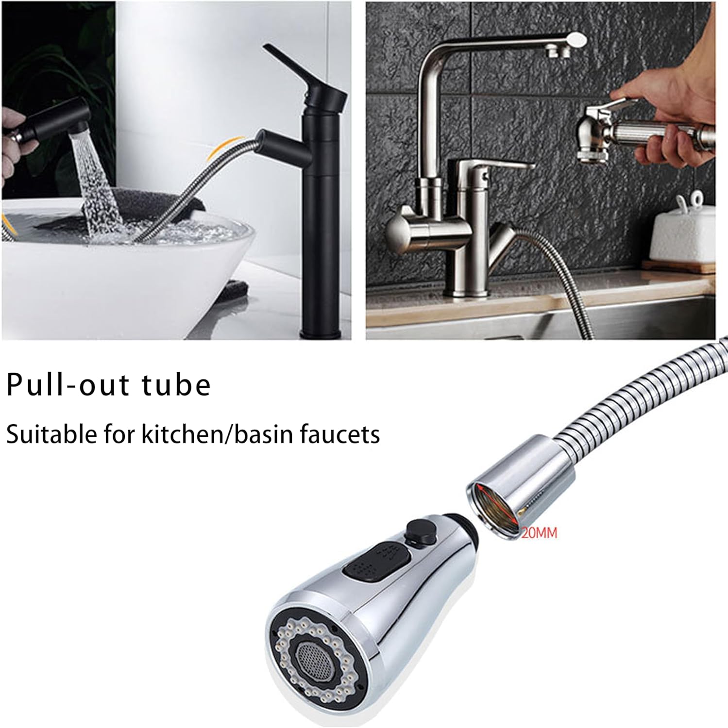 Chrome Kitchen Sink Faucet Pull-Out Spray Replacement Hose, 59-Inch, Stainless Steel & Brass, Compatible with Normal & Touch Faucets, Easy Install, Drinking Water Safe, 1-Pack