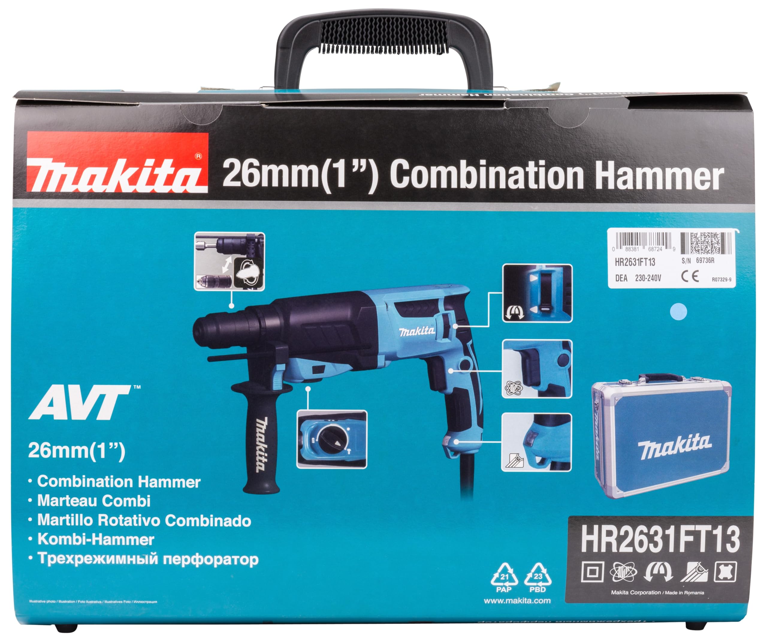 Makita HR2631FT13 Kombihammer, Netzbetrieb, Blau
