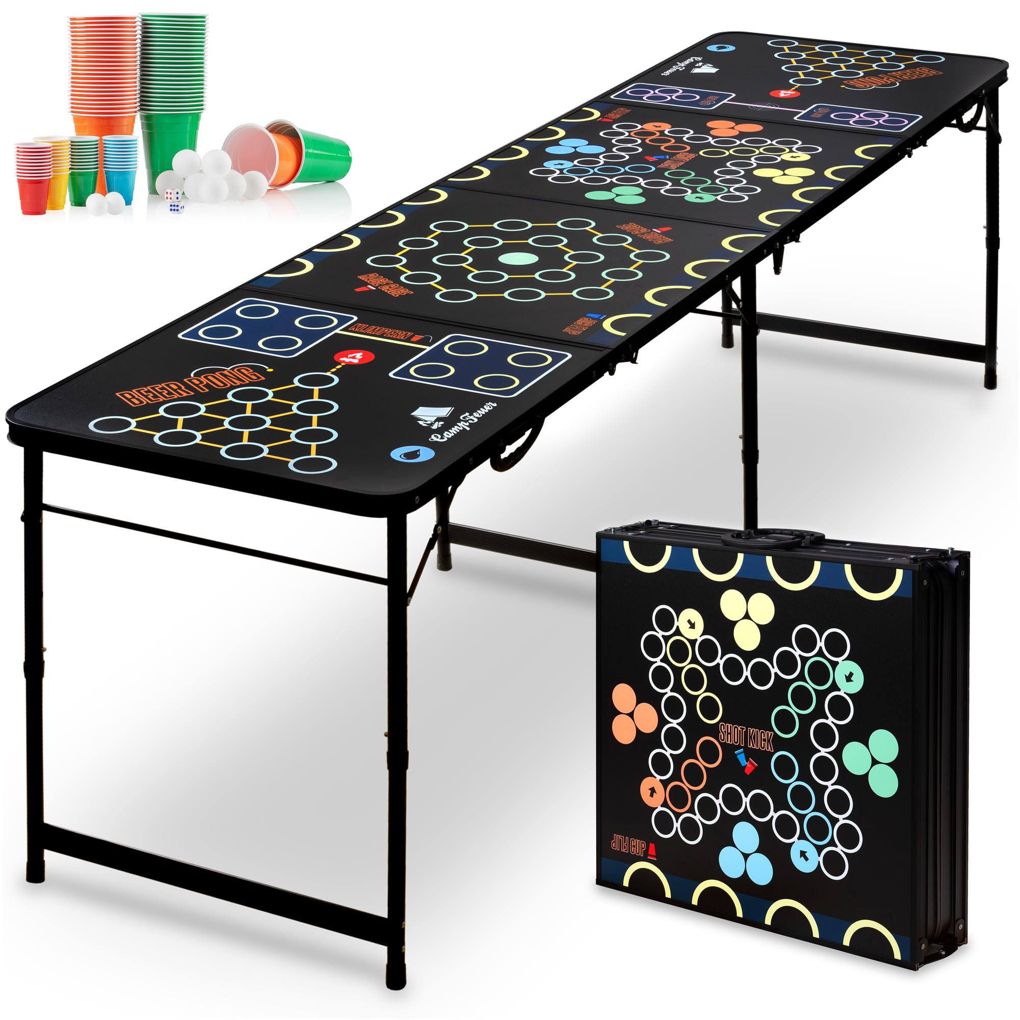CampFeuer Bierpong Tisch | Klappbarer 6 in 1 Multigame Tisch inkl. 106-teiliges Zubehörset | Beer Pong Spiel für Rage Cage, Schnapspong & Partyspiele | Trinkspiel für Erwachsene | Partygame