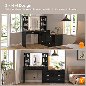 Quimoo Vanity Desk with LED Lighted Mirror & Power Outlet, Modern Corner Makeup Vanity Table with 8 Drawers & Open Shelves, Dressing Table for Bedroom, Makeup Room, Black