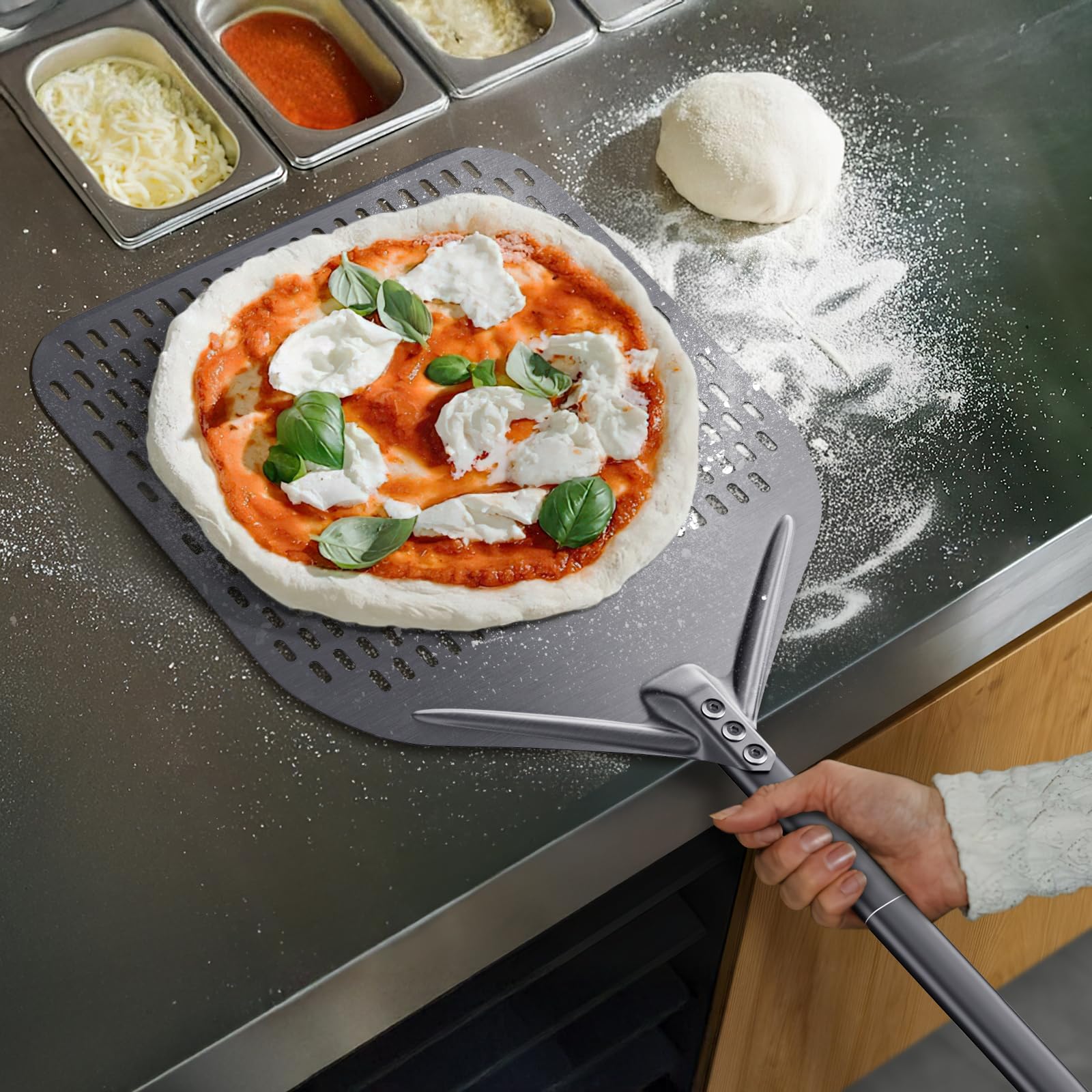 4er Pizzaofen-Set Gesamtlänge 160cm, 35 cm Rechteckiger Pizzaschieber 23 cm Pizzaschaufel aus Hart Eloxiertes Aluminium, Pizzaofenbürste, Ascherechen, Holzofen Pizzaofen Zubehör für Restaurant
