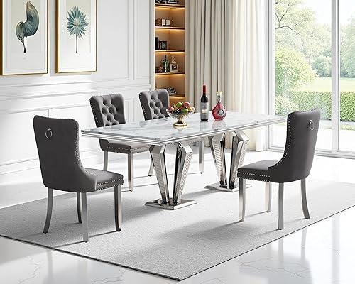 Miniatura 88 de Juego de mesa de comedor de mármol sintético, 7 piezas, juego de mesa de cocina y comedor para 6, mesa de comedor rectangular blanca de 70 pulgadas