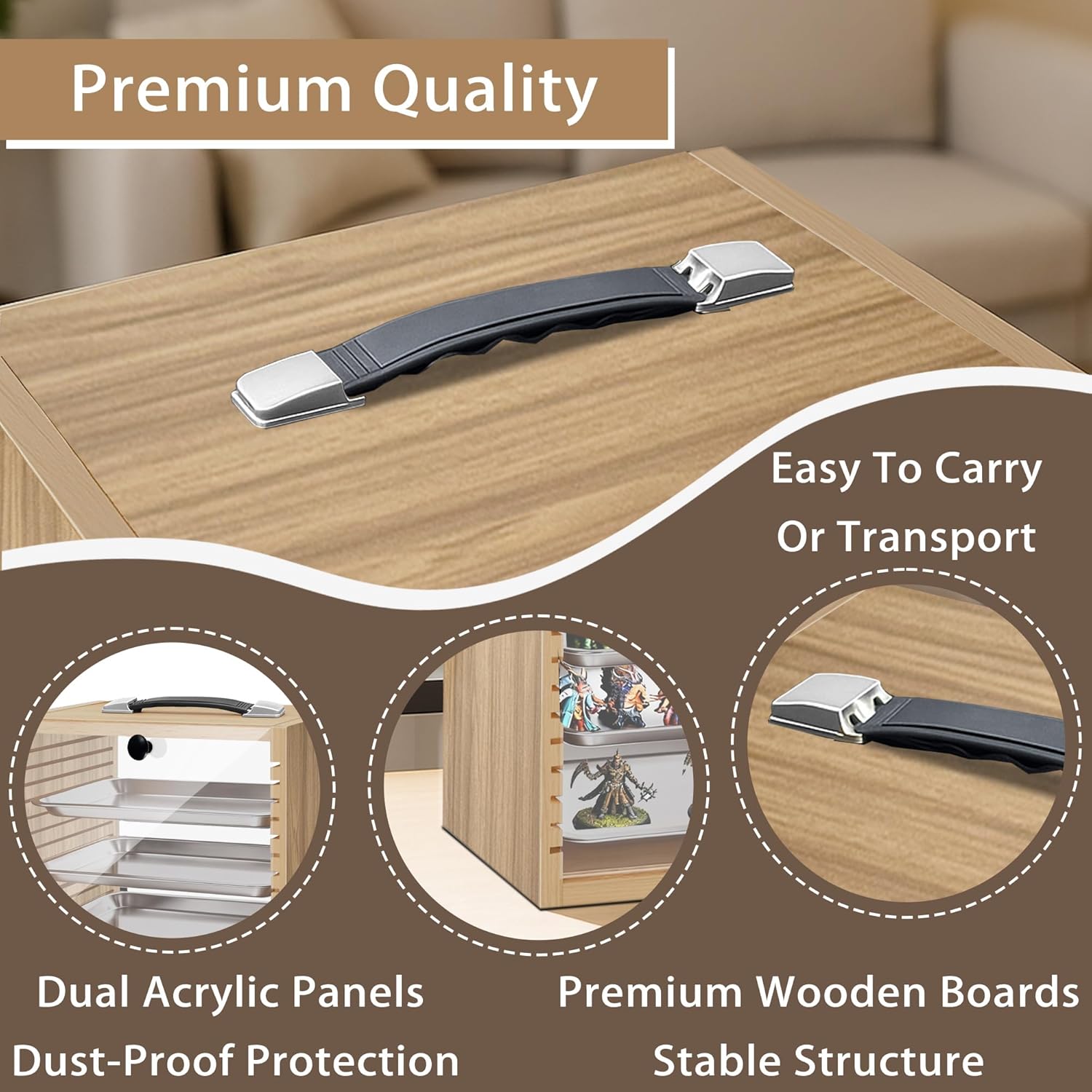 Miniature Storage Case for Collectibles Miniatures, Wooden Miniature Display Cases with 5 Trays, Transparent Front and Back for Better Display, Miniatures Transport Case, Oak