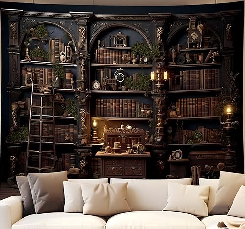 QGHOT Tapiz vintage para colgar en la pared, tapiz retro de pared de biblioteca, libros antiguos en estantes, sala de estudio clásica, estudiante,