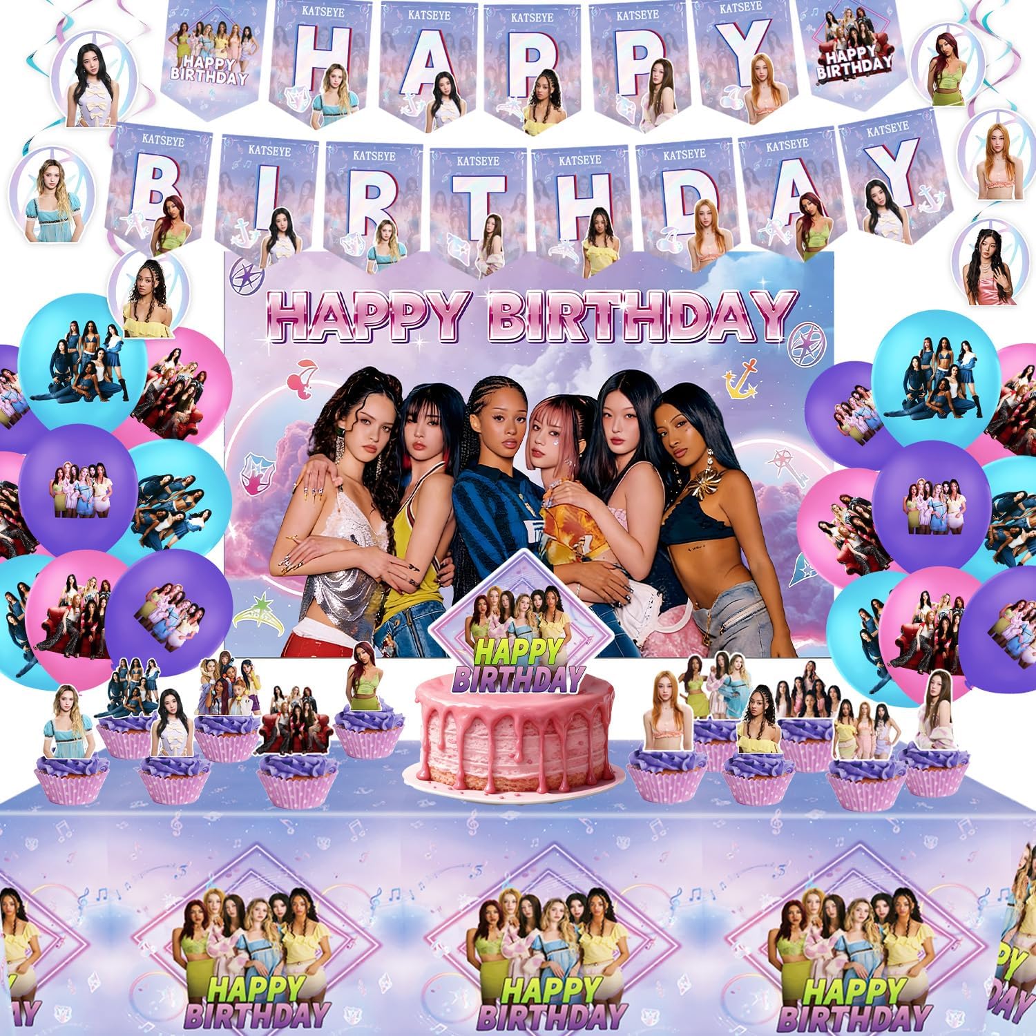 KATSEYE Birthday Decorations, Party Supplies Set Include Banner, Backdrop, Balloons, Hanging Swirls, Cake Cupcake Toppers, Tablecloth for Girls Fans KATSEYE Theme Party