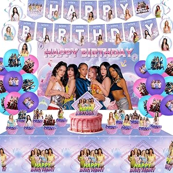 KATSEYE Birthday Decorations, Party Supplies Set Include Banner, Backdrop, Balloons, Hanging Swirls, Cake Cupcake Toppers, Tablecloth for Girls Fans KATSEYE Theme Party