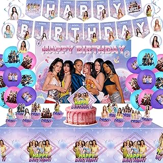 KATSEYE Birthday Decorations, Party Supplies Set Include Banner, Backdrop, Balloons, Hanging Swirls, Cake Cupcake Toppers, Tablecloth for Girls Fans KATSEYE Theme Party