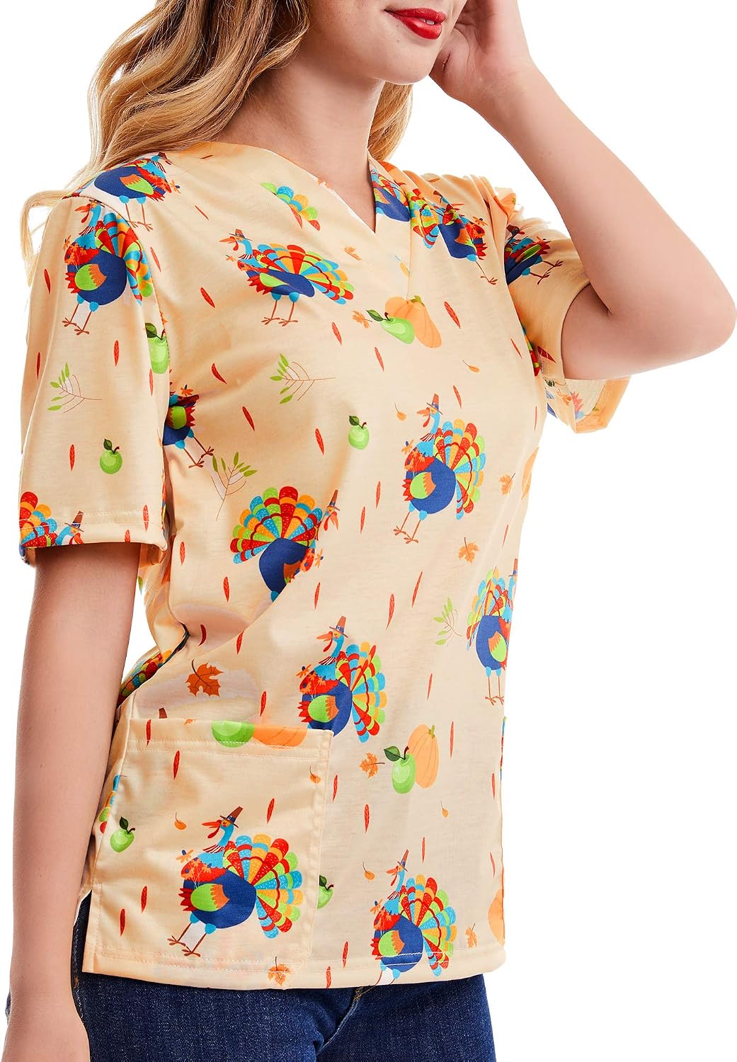SATINIOR Women Mock Wrap Scrub Top Holiday Thanksgiving Halloween Print Neck Shirt, Turkey Color