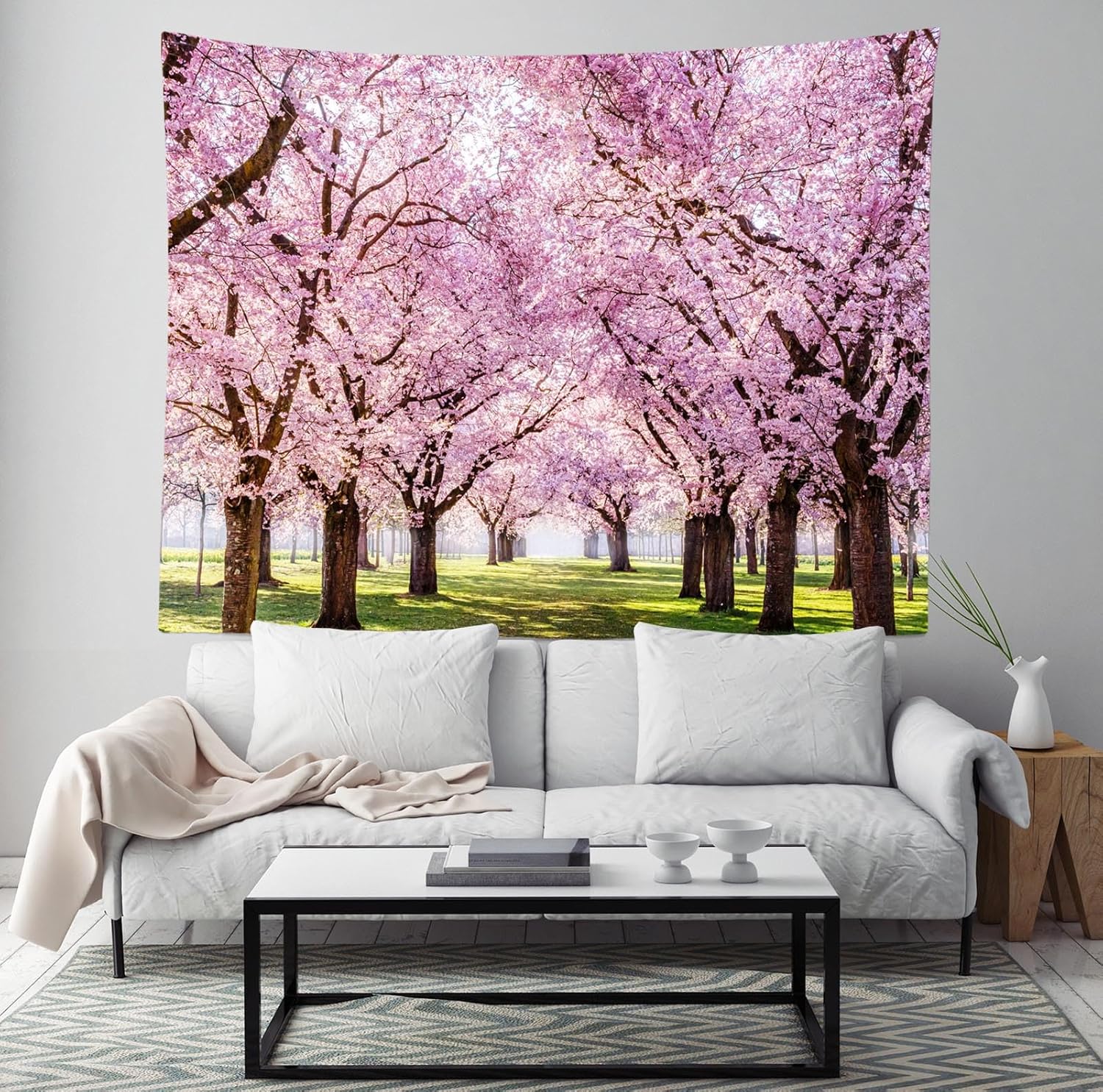 Loccor Spring Sakura Cherry Scenery Tapestry Scenic Park with Row of Blooming Cherry Sakura Trees and Green Lawn Wall Hanging Pink Cherry Flowers Trees Tapestries Home Decor 204''x118''